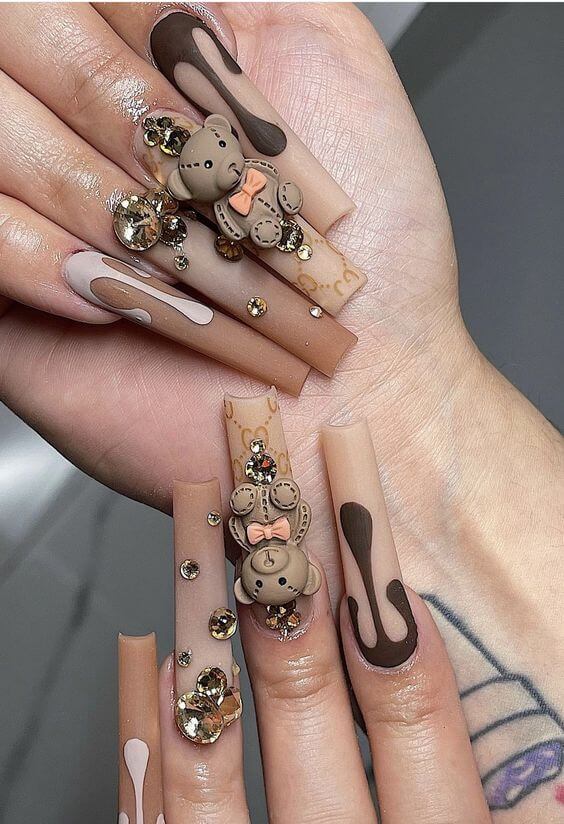 Brown Nails With Rhinestones