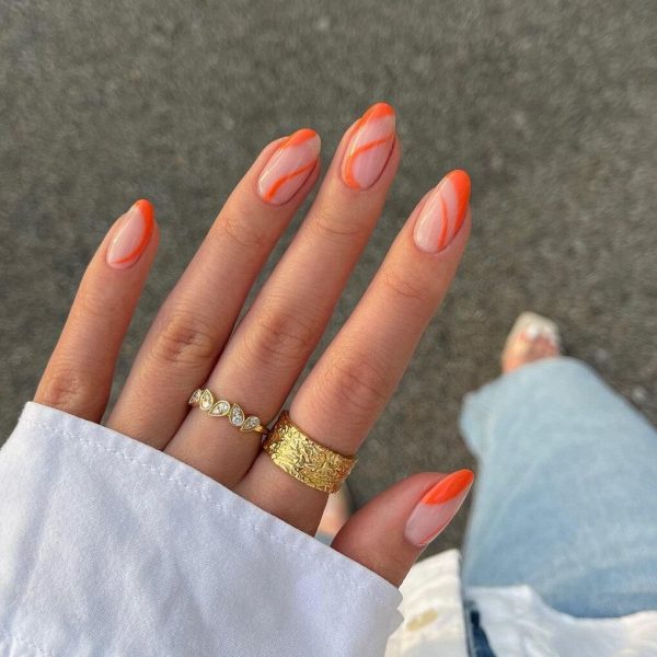 Almond Shaped Nails with Orange Swirls