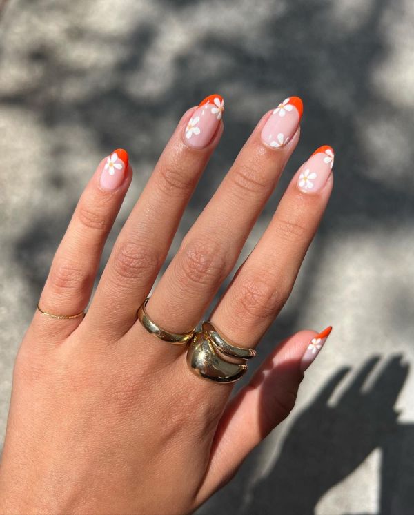 Bright Orange French Tips with Flowers