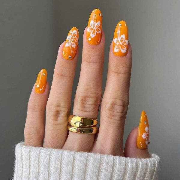 Orange Flower Nails