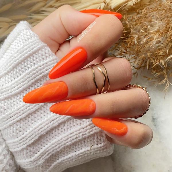 Hot Orange Nails with Light Marble Design