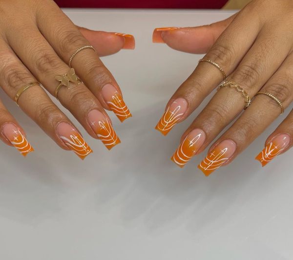 Orange French Ombre with White Swirls