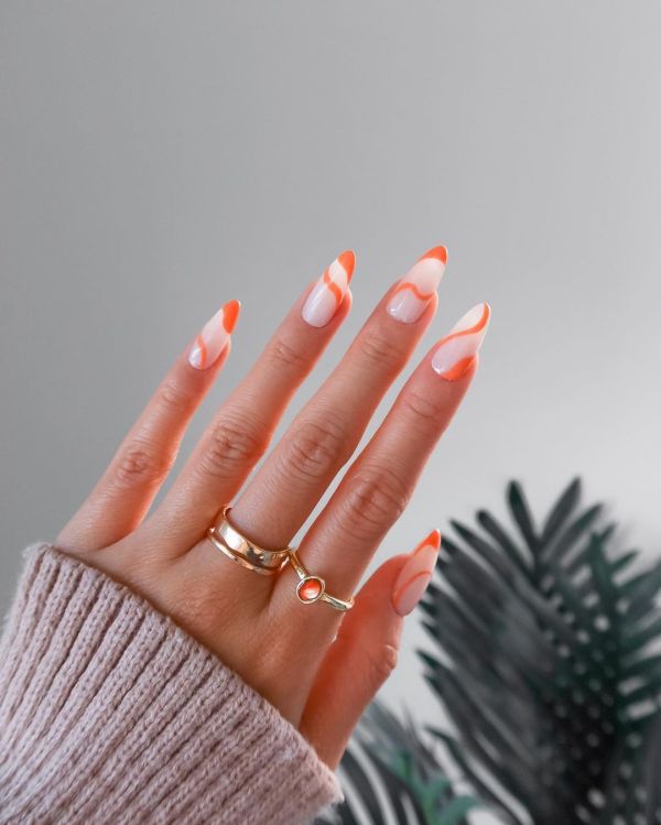 Orange Swirl Nails on Milky Base