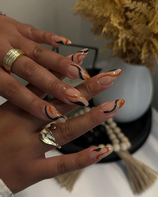 Orange and Dark Brown Swirl Nails