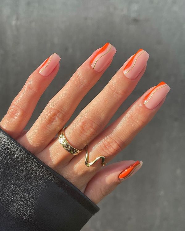 Orange and Gold Swirl Nails