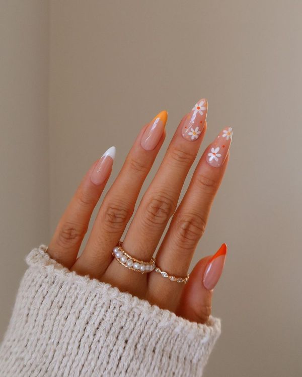 Orange and White French Nails with Little Daisies Art