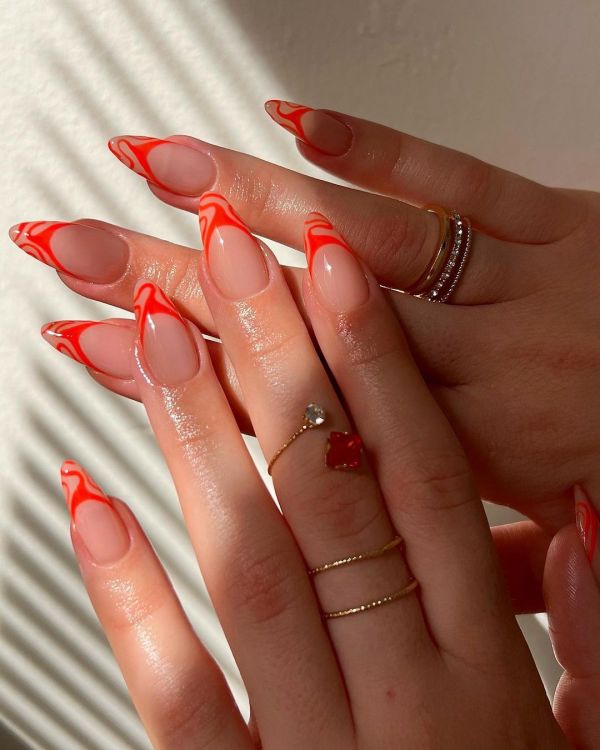 Orange Swirl French Tip Nails