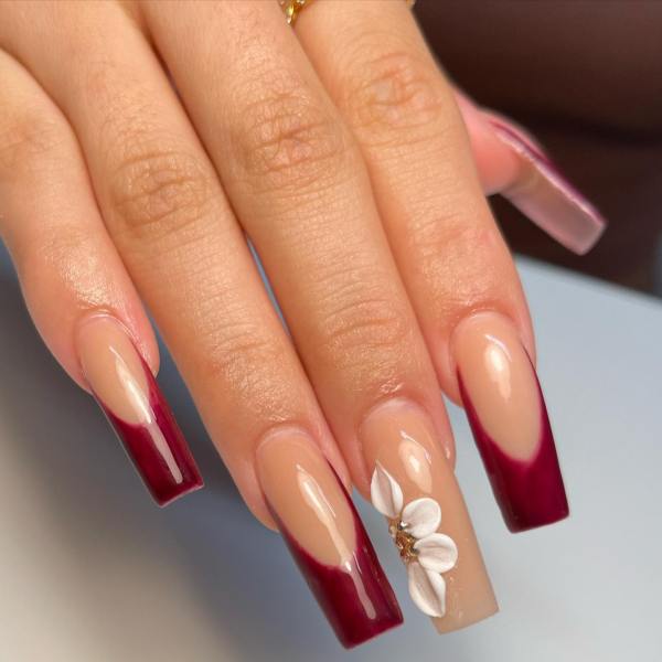 Burgundy French Nails with Flower Nail Art