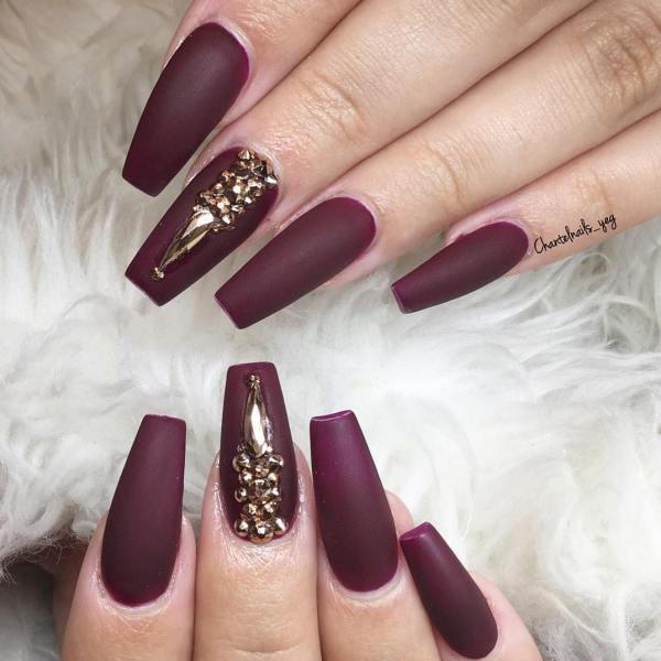 Burgundy Nails with Beautiful Gold Gems