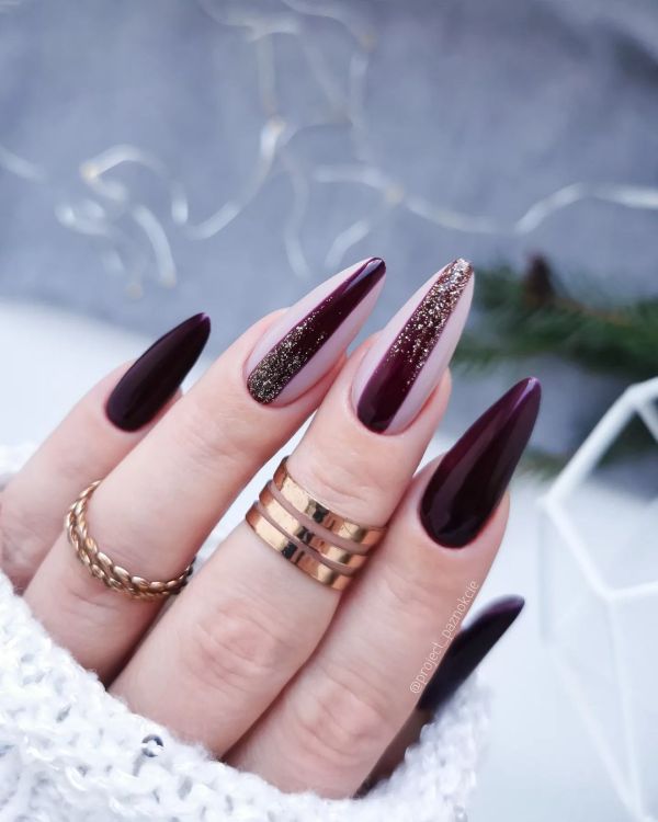 Burgundy Glittery Line Nail Design