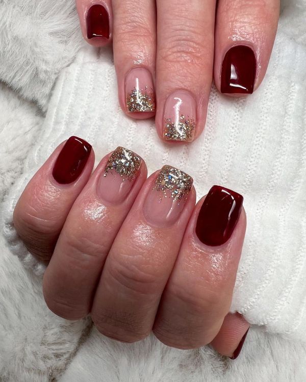 Burgundy Manicure with Glitter French Nails