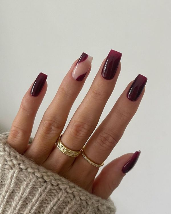 Burgundy Manicure with Swirly Design