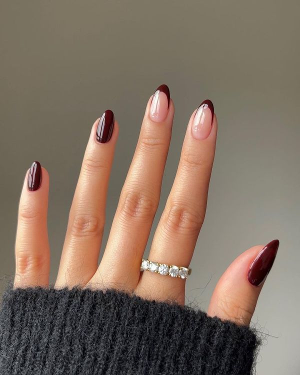 Burgundy Half French Tips Half Solid Color Manicure