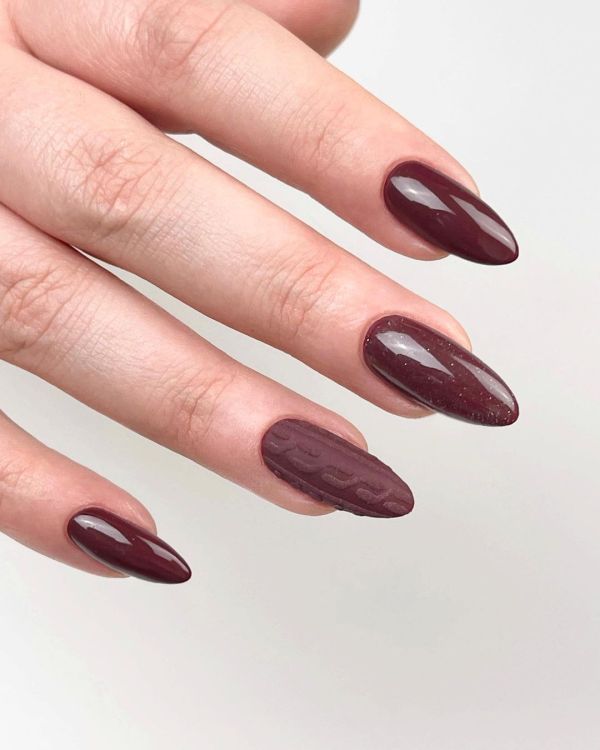 Chocolate Burgundy Nails with Cable Knit Design