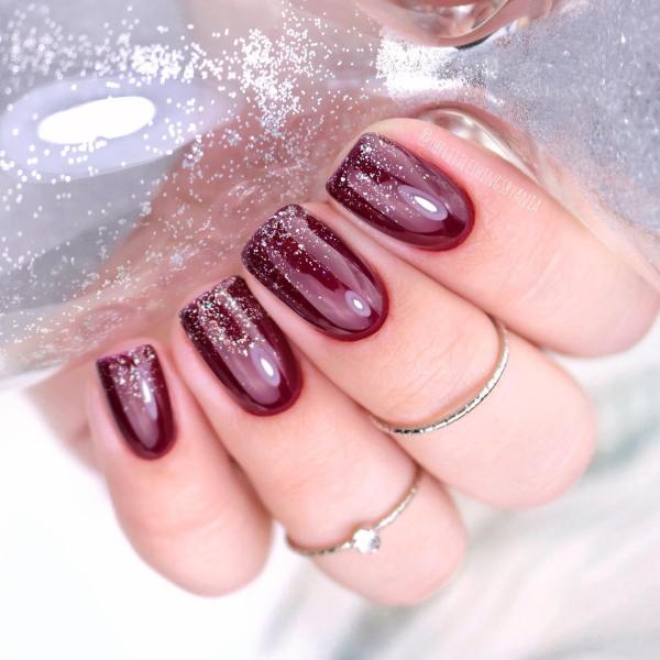 Burgundy Nails with Frosty Glitter Tips