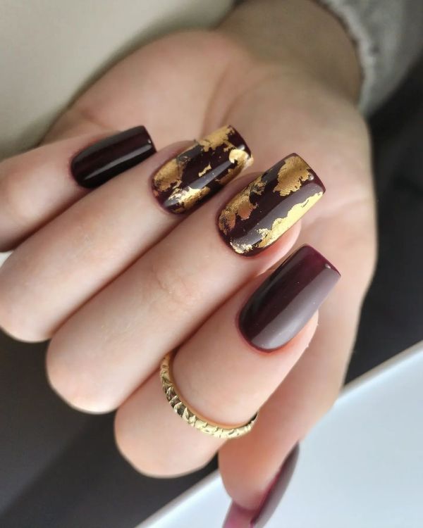 Burgundy Nails with Gold Foil