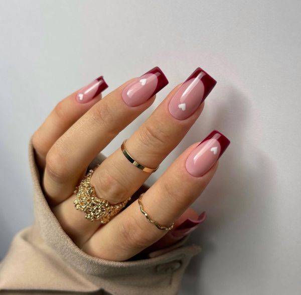 French Tip Nails with Little White Hearts