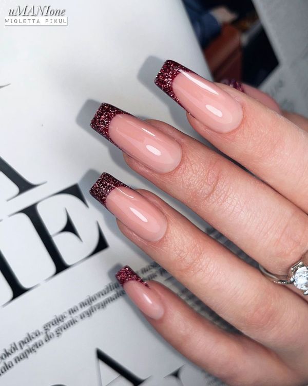 Glittery Burgundy French Tips