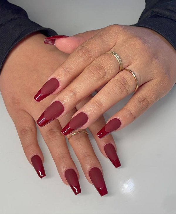 Glossy French Tip Burgundy Nails