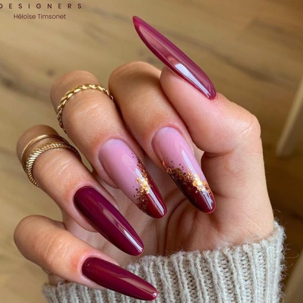 Gold Glitter French Burgundy Manicure