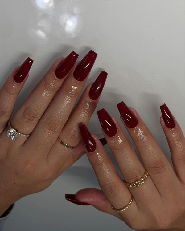 Long Coffin Burgundy Nails