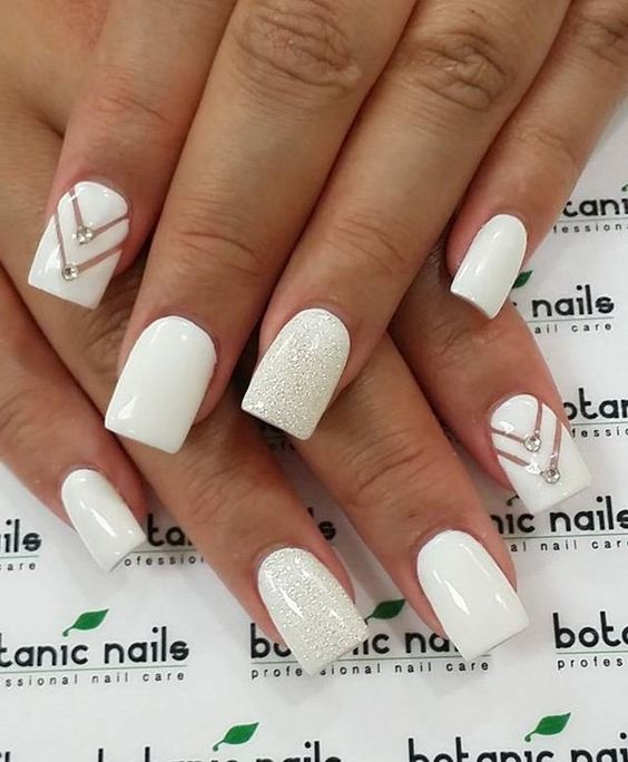 White Nails with Gemstones