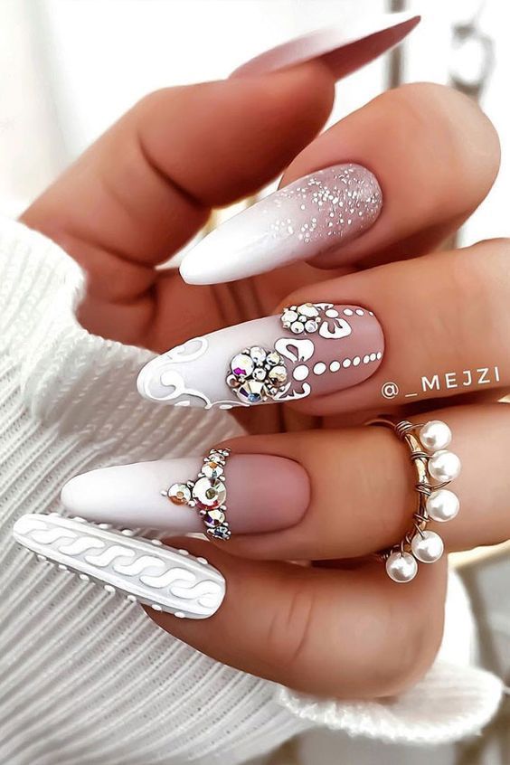 White Nails with Rhinestones