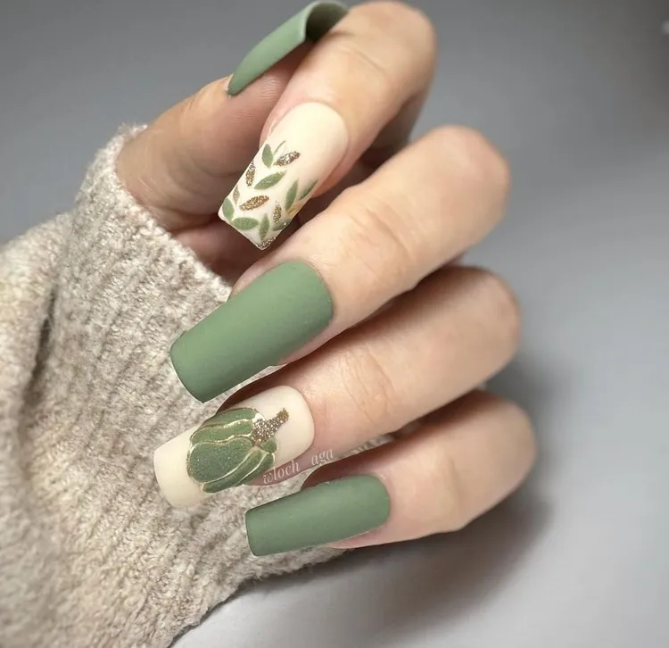 nail art olive green matte manicure pumpkin