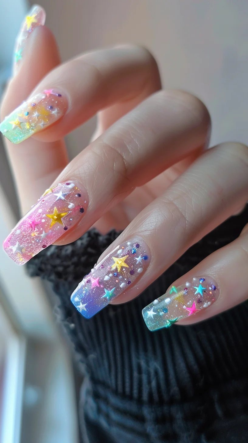 These nails boast a celestial gradient with pastel pinks, purples, and blues, resembling a twilight sky. Adorned with vibrant, multi-colored star sequins and subtle glitter, they create a whimsical constellation effect that sparkles with each movement.