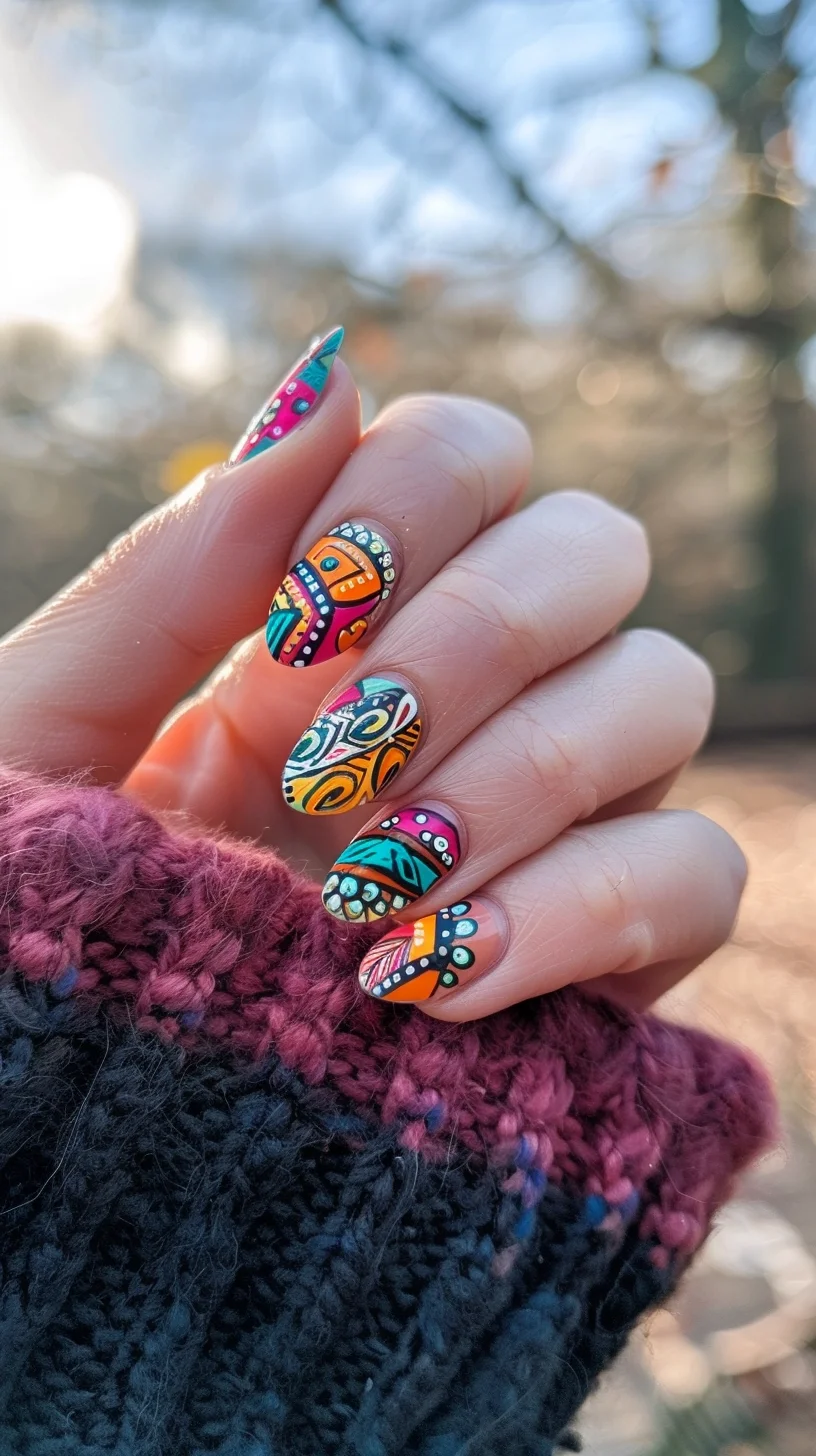 Vibrant bohemian nail art with a mix of intricate patterns, featuring bold oranges, turquoises, and pinks, adorned with white dots and detailed line work for a free-spirited vibe.