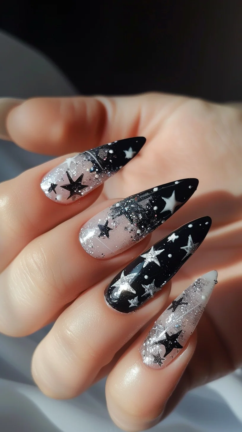 This set features stiletto nails with a captivating night sky effect. The design transitions from a solid black to a sparkling silver, resembling the Milky Way. White stars of various sizes are sprinkled throughout, enhancing the cosmic theme and adding to the sense of a star-studded night.