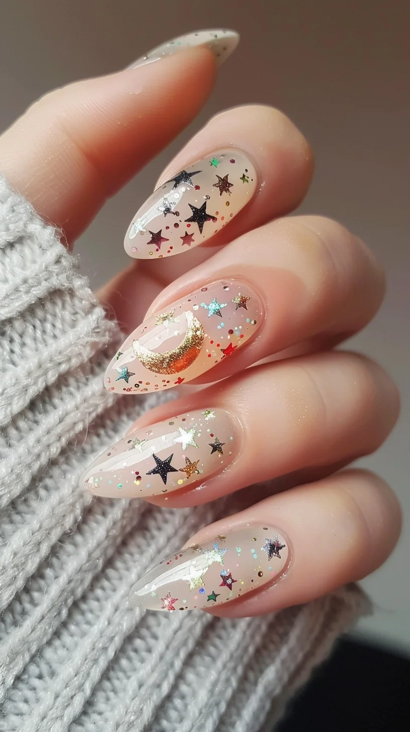 A whimsical design with a clear base speckled with multicolored stars and sparkles, featuring a prominent golden crescent moon on one nail, embodying a magical, starry night sky theme with a bohemian twist.