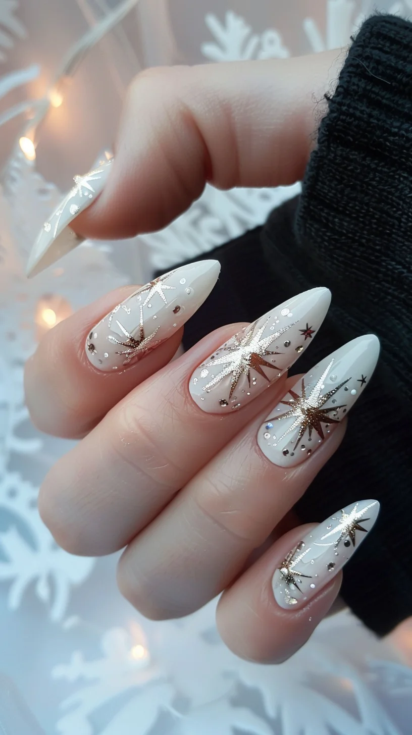 These nails feature a chic almond shape with a translucent base. They are adorned with intricate, sparkling golden starbursts and smaller dark stars, creating a luxurious celestial map. Delicate micro-glitters add a subtle twinkle, reminiscent of a clear night sky rich with stars.