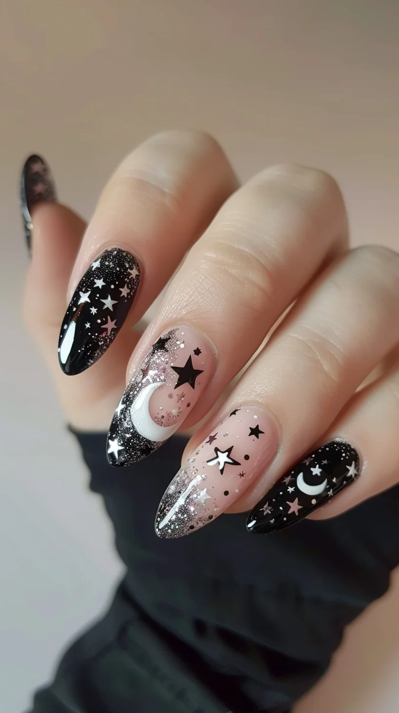 A celestial boho theme with alternating nails of deep black and soft pink, both sprinkled with white stars and sparkling glitter that fade into crescent moons and cosmic dust for a dreamy night sky effect.