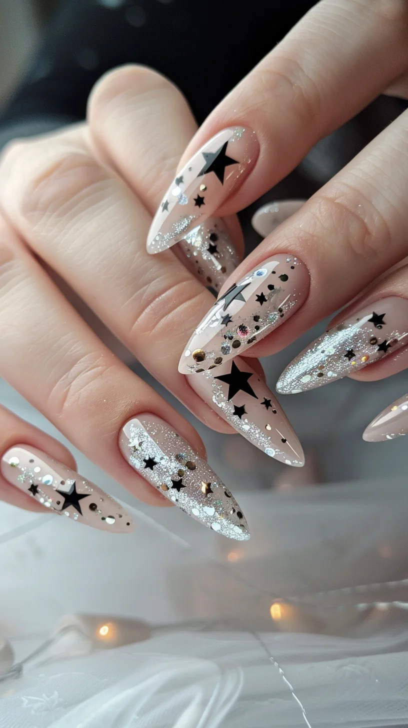 This design dazzles with stiletto nails that feature a blush pink base transitioning to silver-glittered tips. Bold black stars are complemented by smaller stars and gold and silver accents, creating a constellation effect. The placement of the stars and speckles is reminiscent of a sparkling night sky.