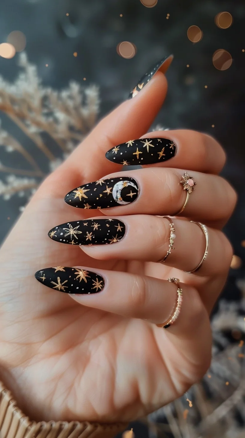 Enchanting dark night sky-inspired nails, featuring a deep black base illuminated with golden stars, constellations, and a crescent moon, evoking a mystical bohemian night.