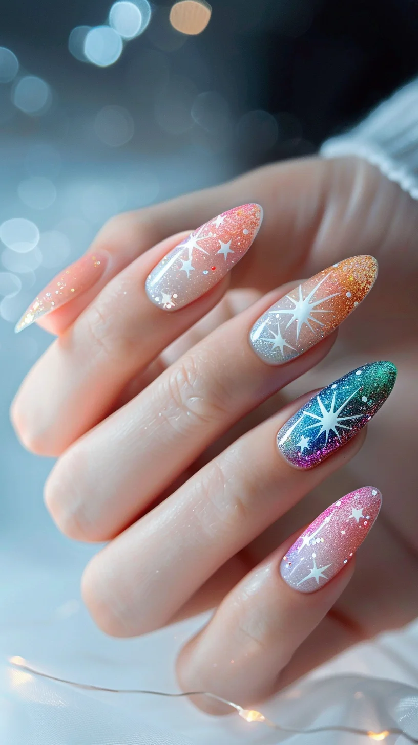 This set presents a magical gradient of colors on each nail, creating a dazzling spectrum from warm corals to deep blues and purples, like a sunset melting into the night. Each nail is speckled with stars and glitter, giving the appearance of a different part of the galaxy brought to life on each finger.