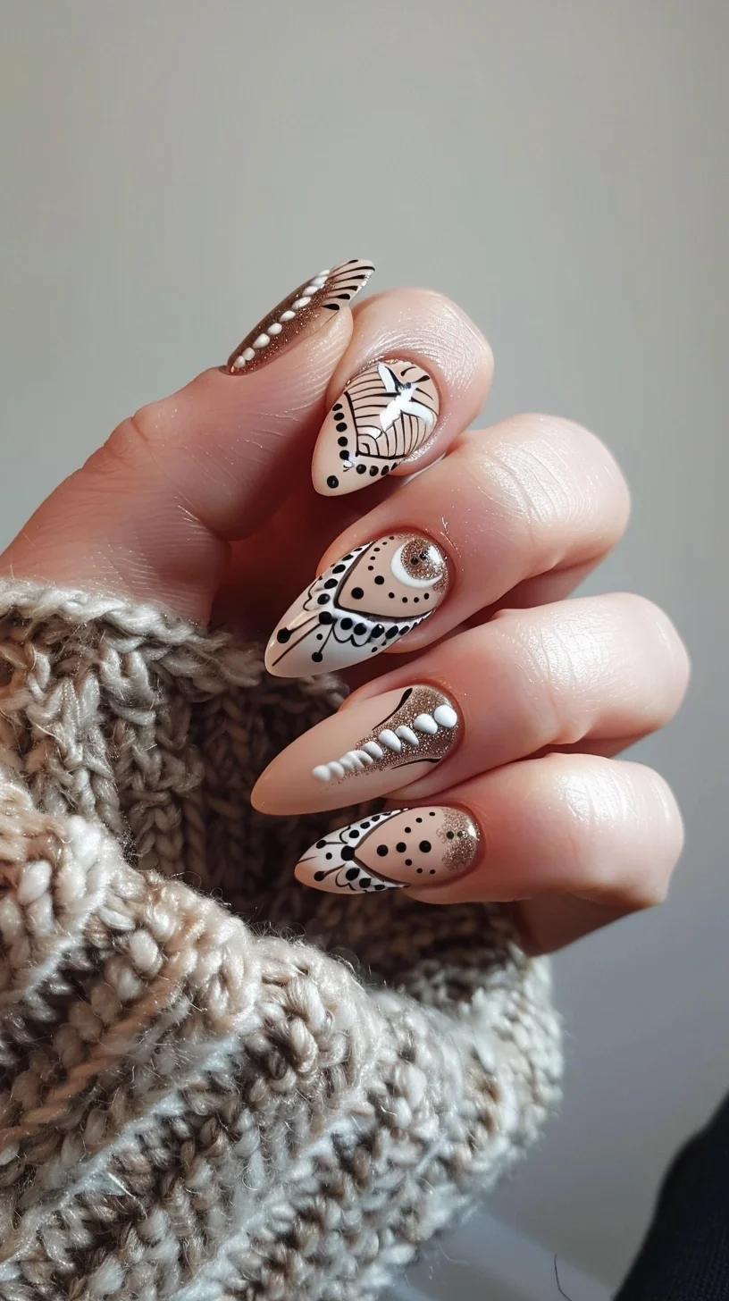 Natural nude nails with black tribal patterns and white dot accents, some fingers featuring a bronze glitter base, presenting an earthy bohemian design with a hint of sparkle.