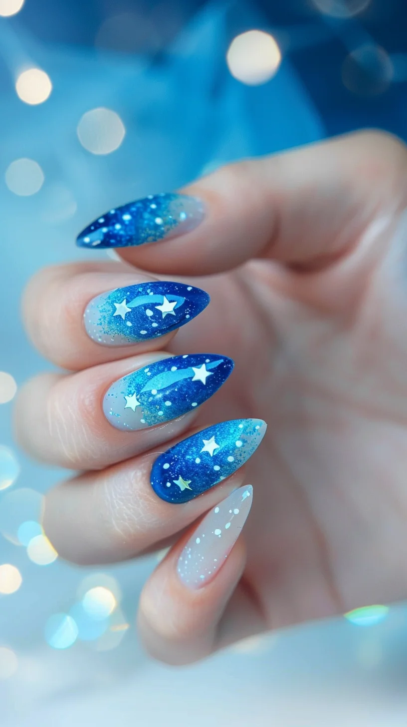 The nails showcase a captivating blue gradient that fades from a deep midnight blue at the tips to a soft sky blue at the base. The design is sprinkled with glitter and adorned with white stars of various sizes, creating the illusion of a starry night sky gradually lightening toward dawn.