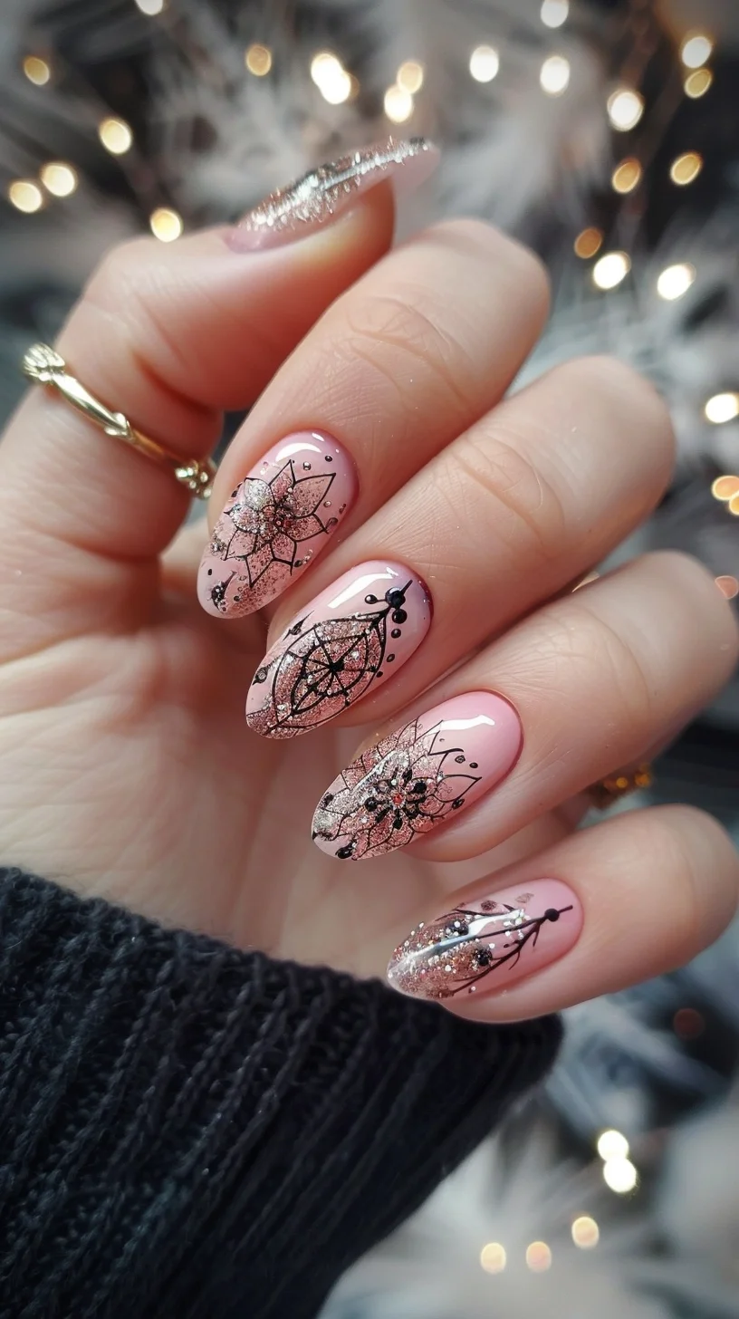 Romantic pink nails with delicate black floral art and crackled silver leaf accents, highlighted by glittery touches and fine dot work, creating a sophisticated and modern bohemian allure.