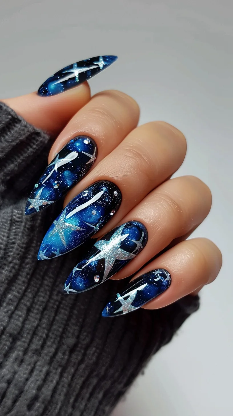 These nails captivate with a deep space vibe, featuring a rich blue and black galaxy pattern. White and silver stars and constellations are etched across, giving an authentic stargazing experience. Accents of glitter enhance the cosmic feel, as if one is looking at the Milky Way itself.