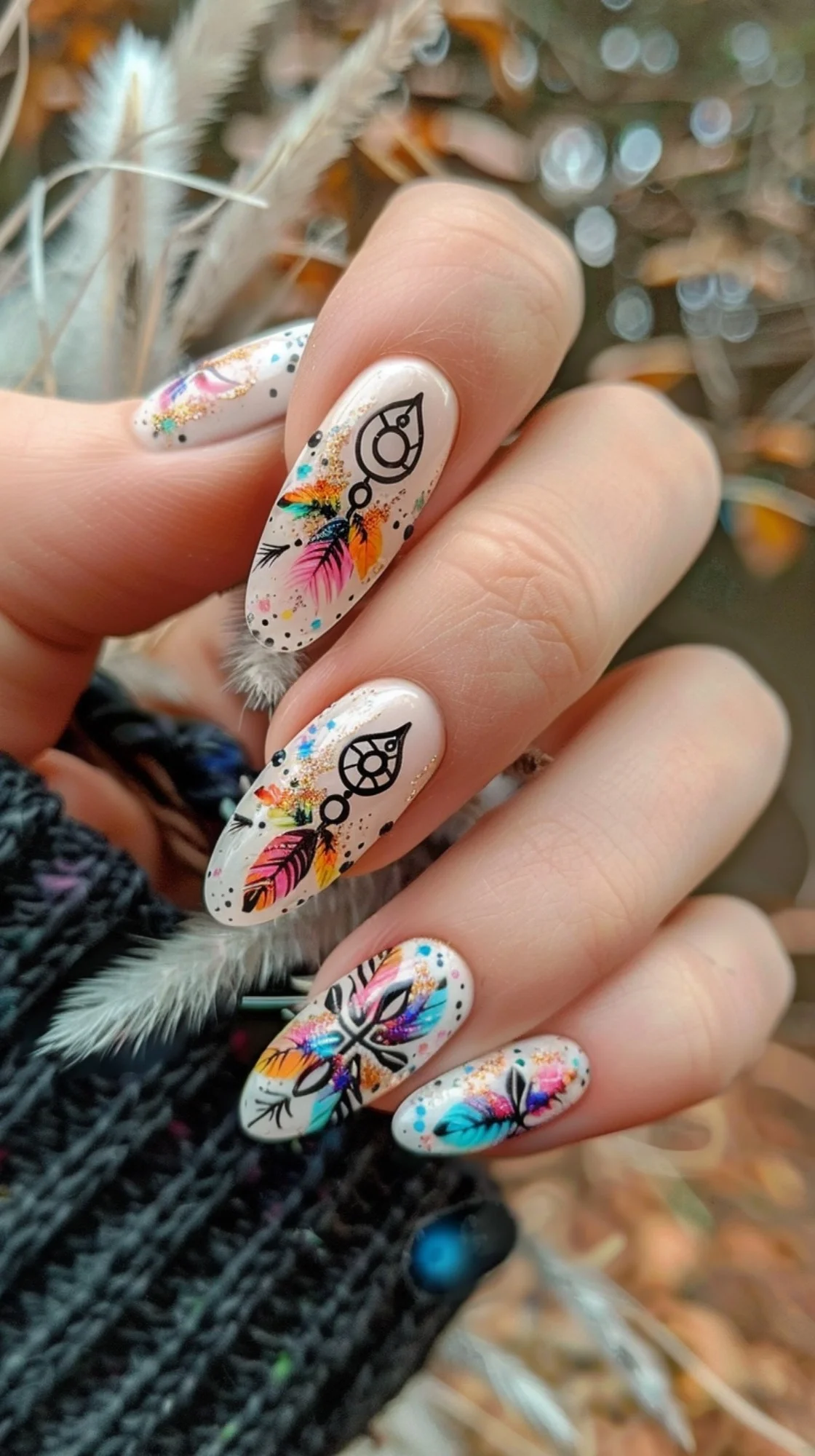 These nails showcase a bohemian festival style with a white base, adorned with colorful, detailed dreamcatchers and feathers, accented with speckles of gold glitter for a touch of whimsy and sparkle.