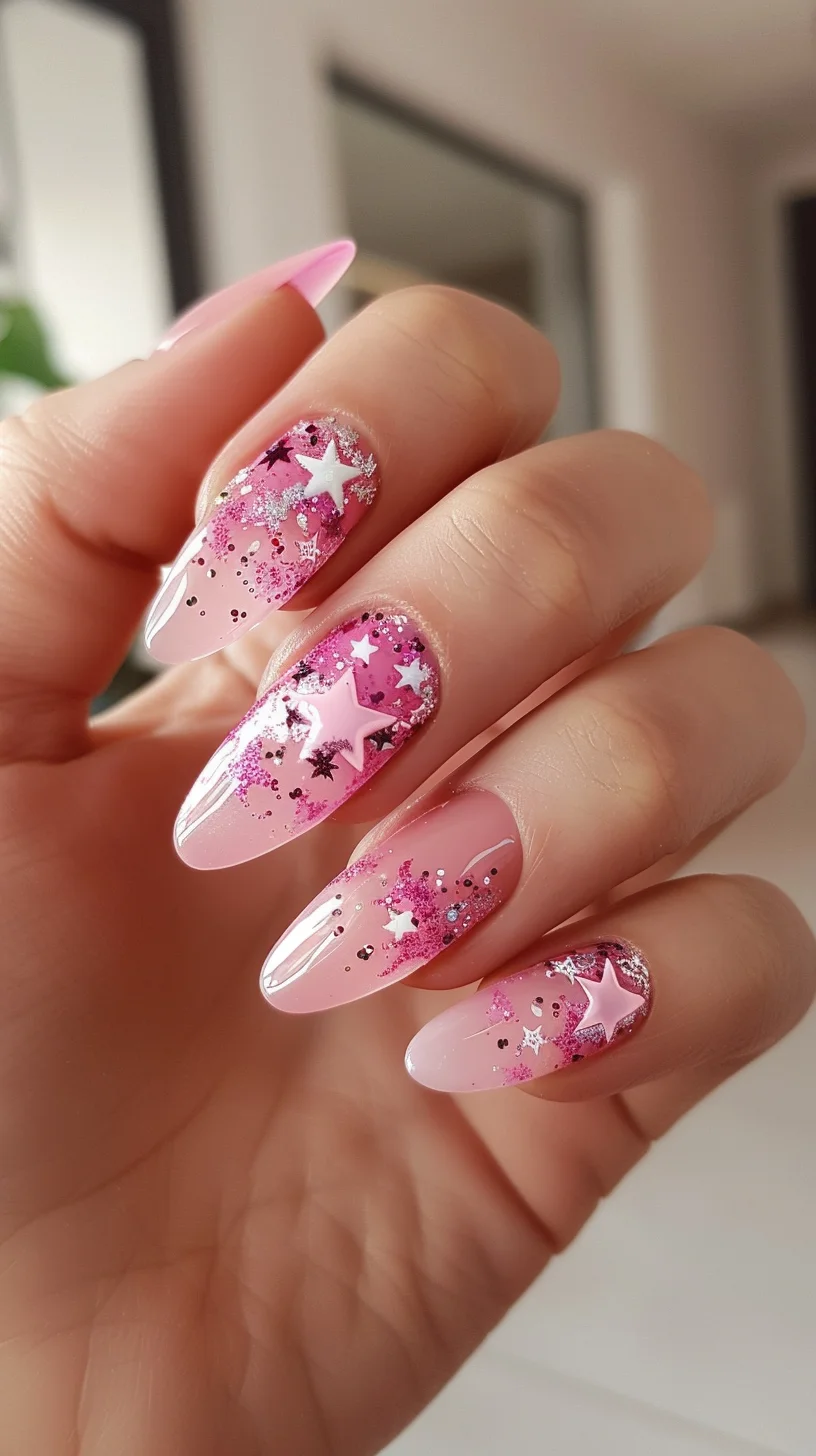 These nails feature a playful and girly take on the cosmic theme with a bubblegum pink gradient that moves from a vivid tip to a clear base. Adorned with various shades of pink glitter and white star accents, they create a sparkling celestial effect that's both sweet and sophisticated.