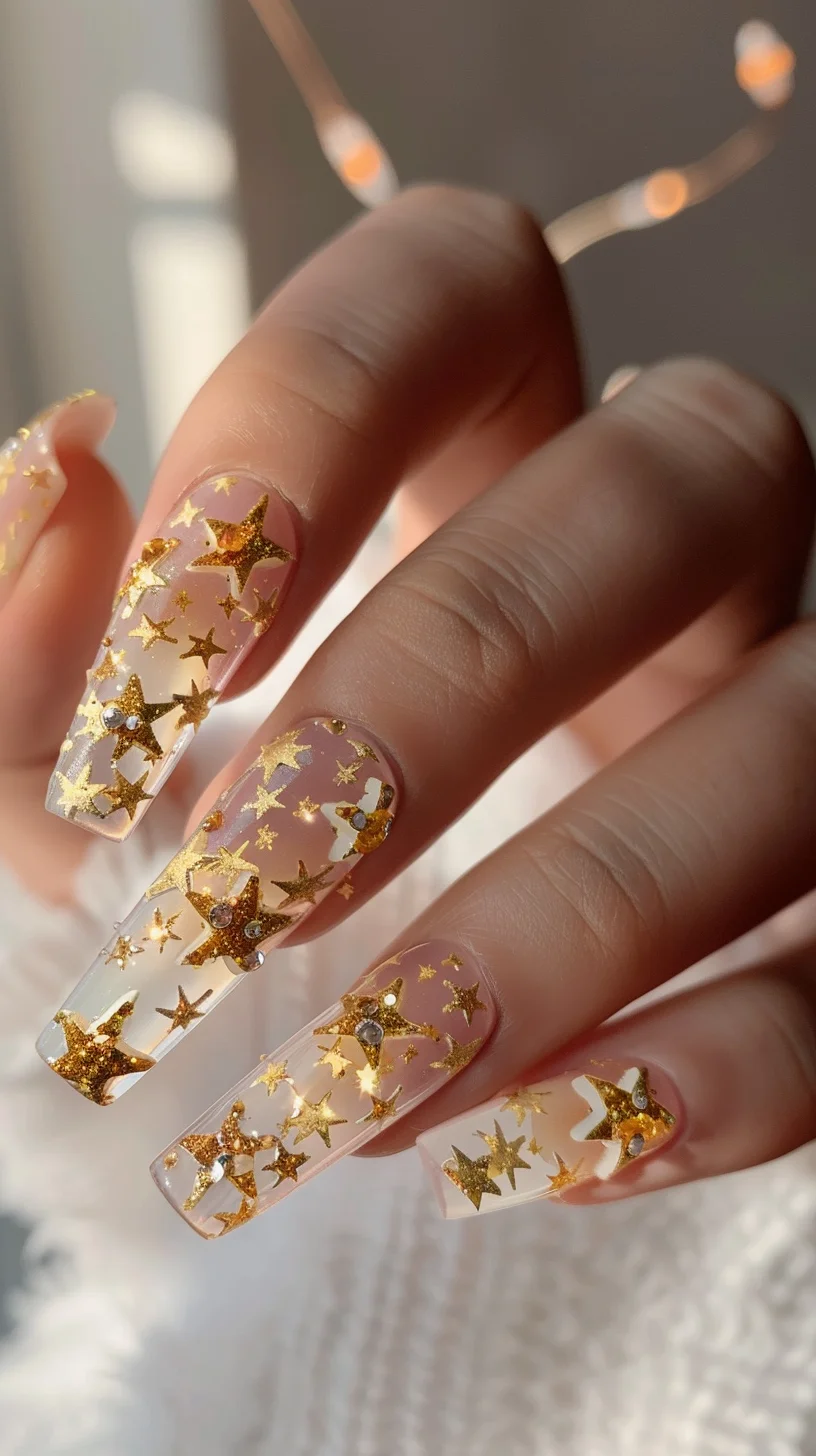 These nails exude opulence with a clear base that allows the natural nail to show through, overlaid with rich gold glitter stars of various sizes. The arrangement of the stars gives a cascading effect, creating depth and movement, while occasional rhinestone accents catch the light for an extra touch of glamour.