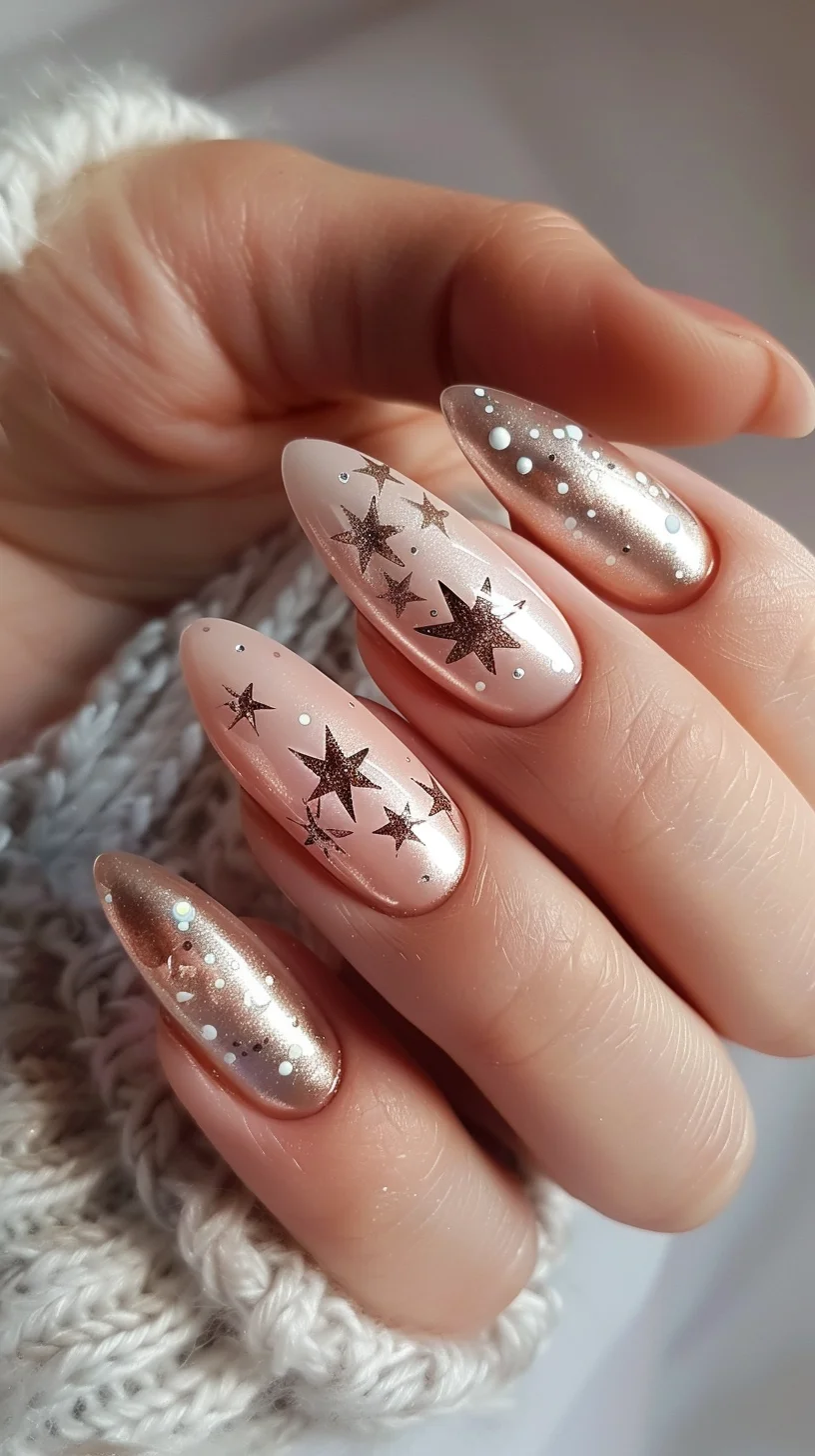 These nails feature an elegant almond shape with a nude pink base. They're elevated with a gradient of silver glitter that suggests a celestial theme, accented with crisp star decals in various sizes. Tiny white dots mimic far-off stars, completing the tranquil, starry night aesthetic.