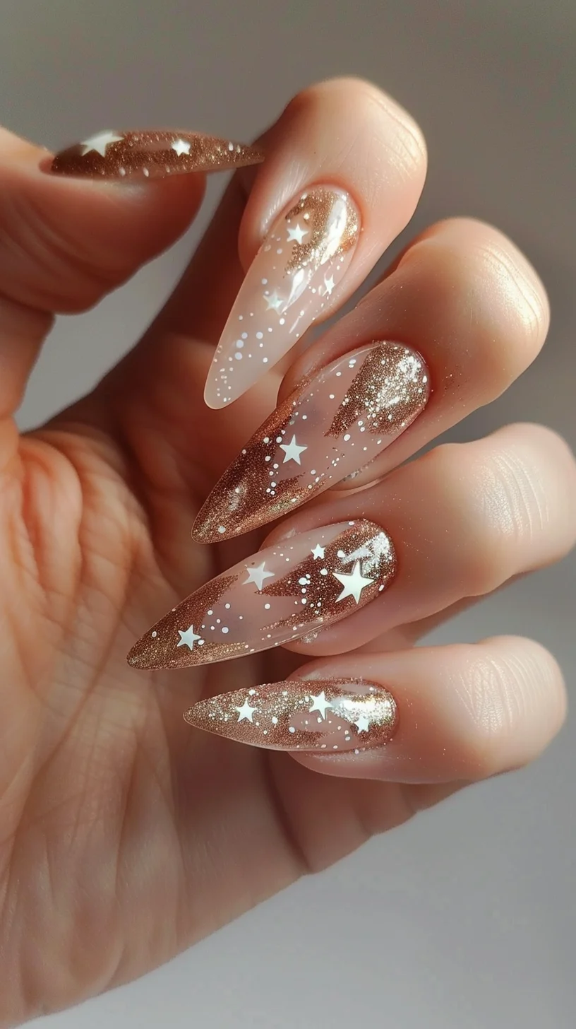 These nails offer a glamorous take on the starry theme with a lustrous rose gold glitter gradient, starting densely at the tips and fading into a sheer base. The adornment of white stars of varying sizes adds a celestial charm, while small white dots enhance the shimmering sky effect.