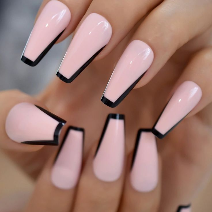 Pink Nails - Pink French Black Tip Nails