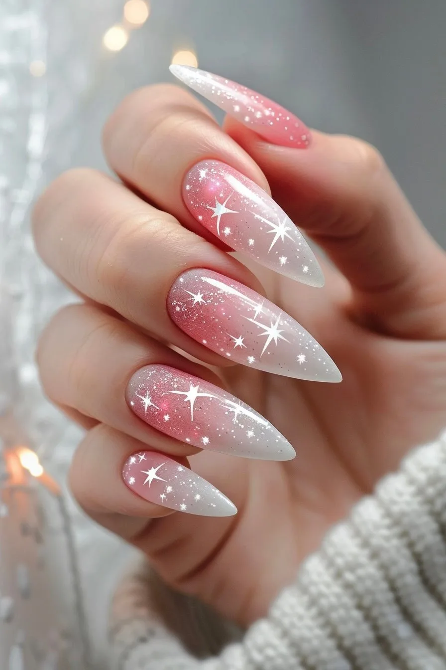 These almond-shaped nails are a subtle nod to starry nights, with a soft white and pink ombre base, giving a delicate twilight effect. Tiny stars and speckles scattered across mimic a clear, starlit sky, providing an elegant yet whimsical touch.