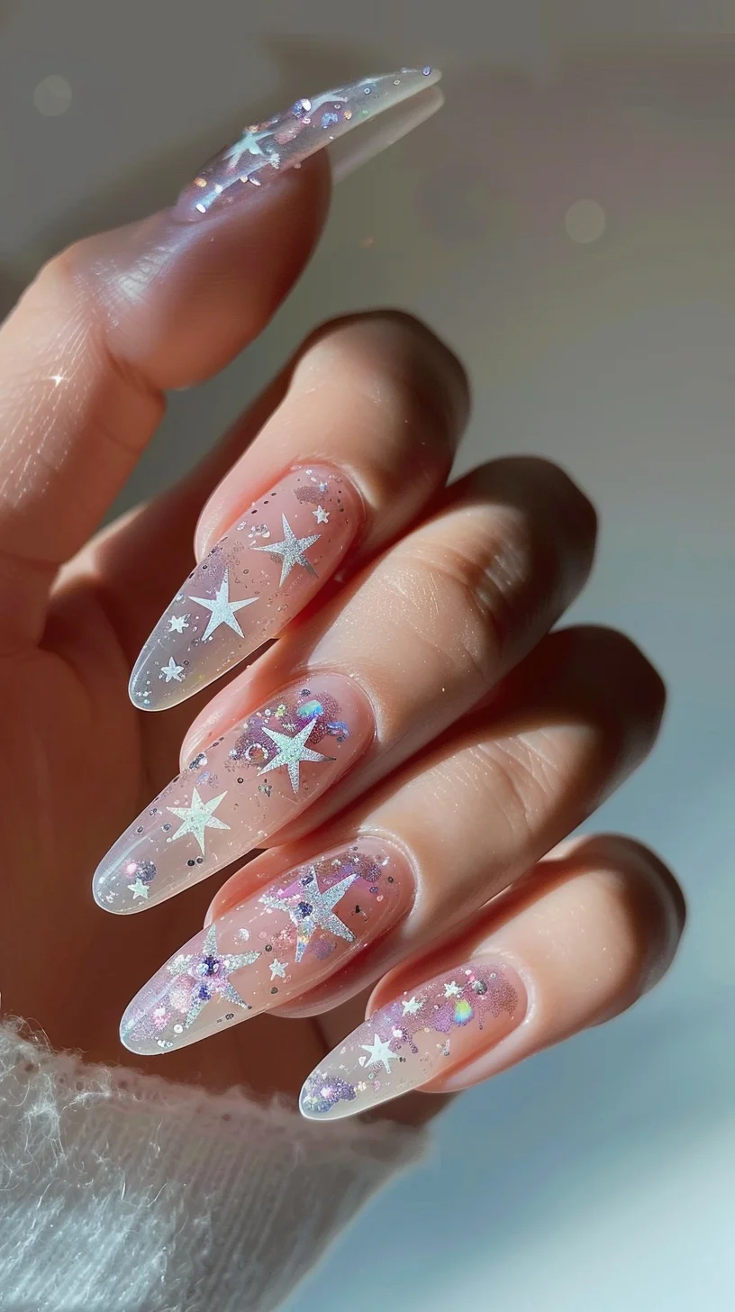 These nails enchant with a clear base that progresses into a pastel pink, adorned with stars and sparkles that shimmer in hues of purple and blue, much like a dreamy twilight sky. The larger white stars serve as a beautiful contrast, reminiscent of the first bright stars appearing at dusk.