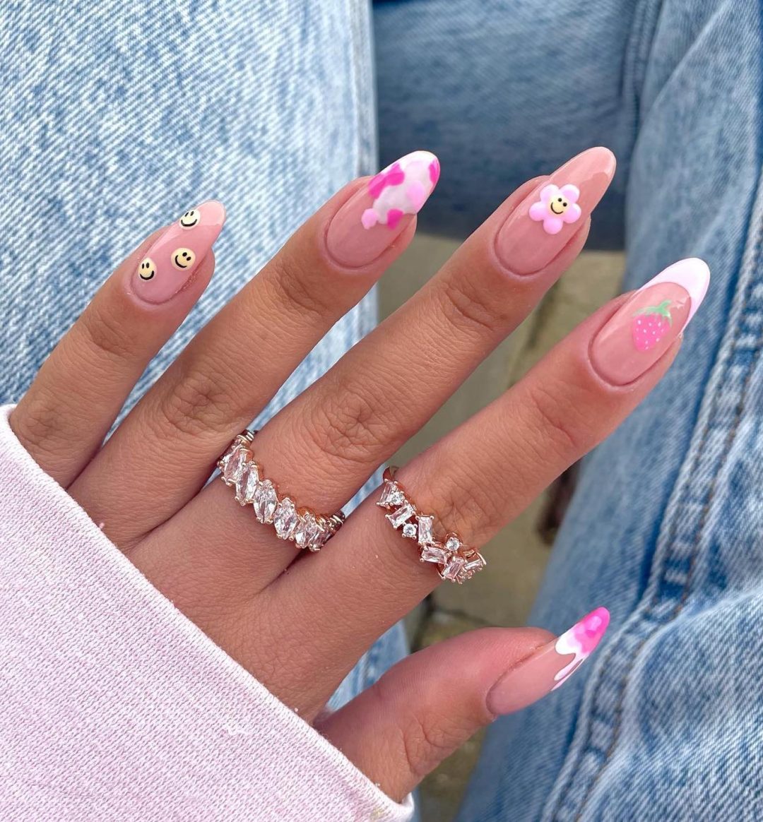 Pink smiley face nails